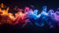 Vibrant colorful smoke waves flowing horizontally from orange to blue and purple creating dynamic abstract art against dark background, suitable for modern design projects.