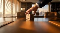 Businessman hand placing wooden block with house icon on office desk during golden hour sunlight through blinds for real estate investment concept.