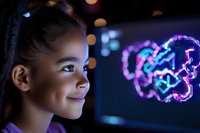 Young African American girl smiling while looking at glowing neon DNA molecule display, illuminated by purple and blue lights in dark setting, science education concept.
