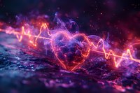 Glowing neon heart with electric pulse wave floating in dark space surrounded by magical particles and reflective surface, perfect for Valentine's Day or medical concepts.
