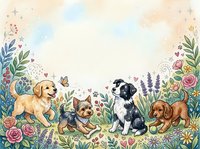 Cute cartoon puppies playing in a flower garden with copy space, watercolor style illustration for greeting cards and nursery decor.
