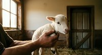 Farmer holding young white goat in rustic barn with natural sunlight, suitable for agriculture, livestock farming, and rural lifestyle content.