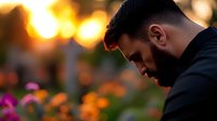 Side profile of bearded man at sunset with blurred orange and pink flowers in foreground, creating atmospheric mood with warm golden bokeh background.