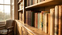 Cozy home library with wooden bookshelves filled with vintage books, warm sunlight streaming through window creating peaceful reading atmosphere for study and relaxation.