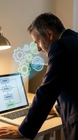 Middle-aged male professional in dark business suit examining laptop displaying workflow diagram with glowing neon gears and verified badge icons, representing process optimization and business automation.