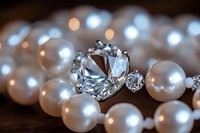 Elegant engagement ring with brilliant cut diamond nestled among lustrous white pearls on dark wooden surface, creating romantic wedding jewelry composition.