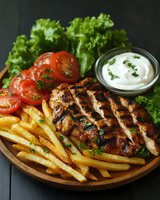 Grilled chicken breast with golden french fries, fresh tomato slices, lettuce and creamy sauce on wooden plate for restaurant menu and food photography.