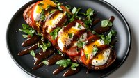 Grilled eggplant slices topped with fresh mozzarella, cherry tomatoes, basil leaves and balsamic glaze on dark plate for healthy Mediterranean cuisine.