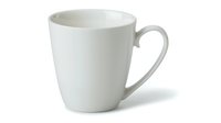 White ceramic coffee mug isolated on white background. Clean minimalist design with curved handle and tapered shape for modern lifestyle and beverage photography.