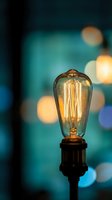 Vintage Edison bulb glowing with warm filament against blurred city lights background for creative lighting and interior design projects.