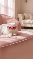 Adorable white fluffy cat wearing pink heart-shaped sunglasses relaxing on luxurious pink velvet armchair in elegant pastel living room interior.