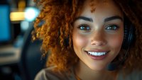 Young African American woman with curly natural hair wearing headset and smiling warmly while working at customer service center in evening lighting.