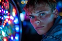 Young male model illuminated by vibrant neon lights and bokeh effects creating dramatic cinematic atmosphere with blue and pink color tones against dark background.