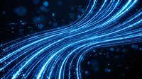 Glowing blue digital data streams flow across dark background with circuit patterns and particles, representing technology, connectivity, and information transfer for digital communications.