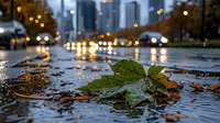Wet urban street with fallen autumn leaves and green plant debris after rain, city skyline with blurred lights in background, shallow depth of field capturing seasonal change in metropolitan environment.