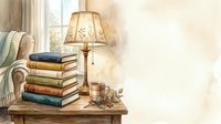 Stacked vintage books with brass lamp on wooden table by window, warm neutral tones, cozy reading nook interior design element.
