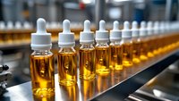 Glass dropper bottles with amber liquid arranged in production line. Selective focus on pharmaceutical or cosmetic manufacturing process showing quality control.