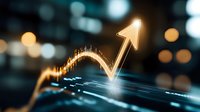 Glowing golden arrow graph showing upward market trend on dark background with bokeh lights, representing financial growth and success in business analytics.
