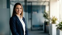 Professional businesswoman in navy suit smiling confidently in modern office environment with natural lighting and glass walls for corporate use.