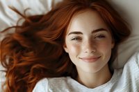 Young redhead woman with freckles smiling while lying on white bedding, natural beauty portrait showing genuine happiness and contentment in casual morning setting.