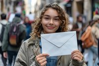 Young woman with curly hair smiling while holding white envelope on busy city street. Natural daylight portrait perfect for mail service, communication or delivery advertising.