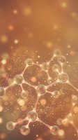 Golden molecular structure with glowing connections and bokeh lights on warm amber background for science technology and research presentations.