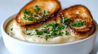 Creamy potato soup topped with golden toasted bread slices and fresh chopped parsley, served in a white ceramic bowl on light background.