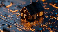 Glowing miniature house model on circuit board with orange light illuminating electronic pathways, representing smart home technology and digital connectivity.