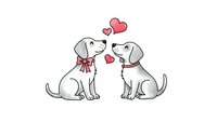 Two adorable puppies sitting together with pink hearts floating above, perfect for Valentine's Day cards, pet love themes, and romantic designs.