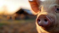 Young pink pig close-up portrait with snout in focus during golden hour sunset on farm with barn background for agriculture and livestock concepts.