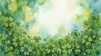 Watercolor shamrock border with lush green clover leaves and soft pastel background, perfect for St. Patricks Day greeting cards and spring designs.