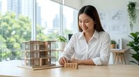 Young Asian female architect or designer in white shirt examining wooden architectural model in modern office with city skyline view, planning construction project.