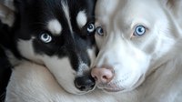 Two adorable husky puppies with striking blue eyes cuddling together, showcasing black and white fur patterns for pet care and animal companionship concepts.