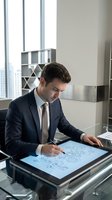 Male professional in business attire working on digital tablet with engineering schematics in modern office environment with city skyline view.