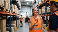 Young blonde woman warehouse worker in orange safety vest smiling while talking to male colleague in modern distribution center with shelving.