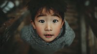 Young Asian child with wide curious eyes wearing cozy knitted scarf looking up at camera with innocent expression in warm indoor setting.