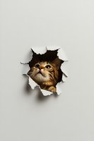 Tabby cat peeking through torn white paper hole, looking upward with curious expression. Isolated design element for posters, greeting cards, and creative projects.