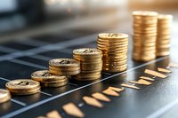 Stacks of golden cryptocurrency coins arranged in ascending order on dark surface showing financial growth and investment concept. Selective focus on coins.