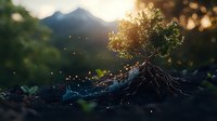Magical miniature tree growing on dark soil with exposed roots at sunset, glowing particles floating in air against mountain silhouette background in dreamy atmosphere.
