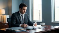 Professional businessman in dark suit reviewing documents at executive desk in modern office with natural window lighting for corporate presentations.