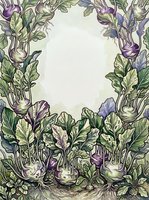 Botanical frame featuring purple and white kohlrabi plants with green foliage arranged around cream background, suitable for garden design, recipe cards, and agricultural marketing materials.