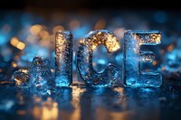 Frozen word ICE with glittering frost texture against blurred blue and gold bokeh background, conveying winter cold and festive atmosphere.