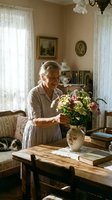 Senior Caucasian woman arranging fresh flowers in vintage vase at wooden table in cozy traditional living room with warm natural lighting and classic decor.