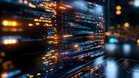 Programming code on dark background with glowing blue and orange lights creating futuristic technology atmosphere for software development concept.