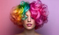 Young woman with vibrant rainbow colored curly hair and pink lips on pink background, fashion beauty portrait showing creative professional hair coloring.