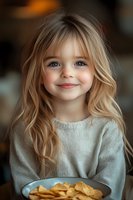 Adorable blonde girl with blue eyes smiling while holding bowl of cookies in cozy kitchen setting for family lifestyle and childhood concepts.