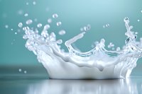 Dynamic milk splash crown formation with droplets against turquoise background, capturing liquid motion and creating artistic shapes in high-speed photography.