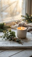 Cozy winter home decor with burning candle, eucalyptus branches and warm fairy lights creating peaceful hygge atmosphere by frosted window for relaxation.
