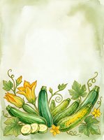 Watercolor illustration of fresh cucumbers and squash with yellow flowers and green foliage on aged cream background, suitable for recipe cards, menus, and garden designs.