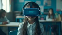 Young female student wearing VR headset in modern classroom exploring virtual reality technology for educational learning and digital innovation.
